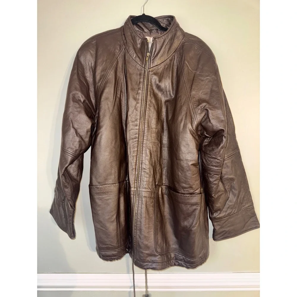 Vintage Spiegel Women 1X Brown Leather Full Zip Jacket with Pockets Draw Strings